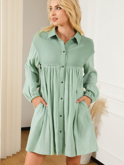 Green Patchwork Crinkle Puff Sleeve Shirt Dress with Eye-catching Design