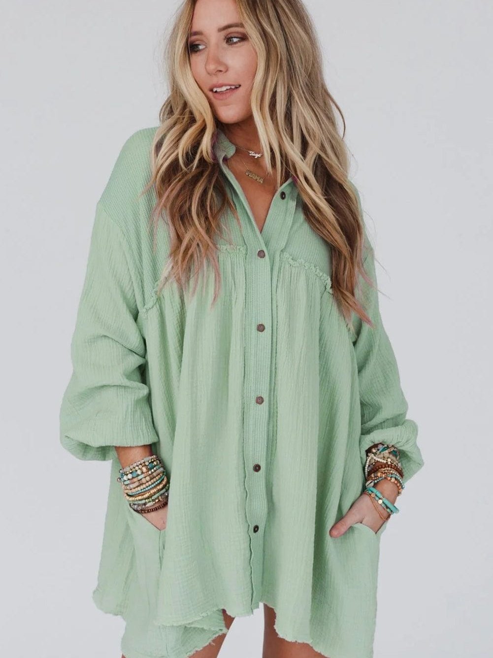 Green Patchwork Crinkle Puff Sleeve Shirt Dress with Eye-catching Design