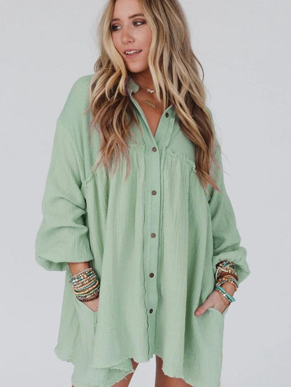 Green Patchwork Crinkle Puff Sleeve Shirt Dress with Eye-catching Design