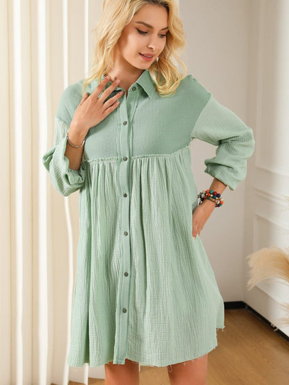 Green Patchwork Crinkle Puff Sleeve Shirt Dress with Eye-catching Design