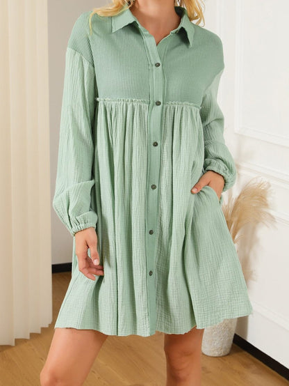 Green Patchwork Crinkle Puff Sleeve Shirt Dress with Eye-catching Design