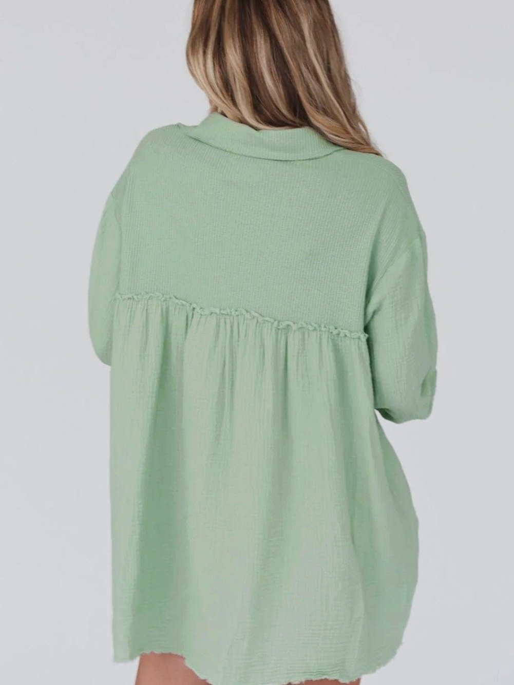 Green Patchwork Crinkle Puff Sleeve Shirt Dress with Eye-catching Design