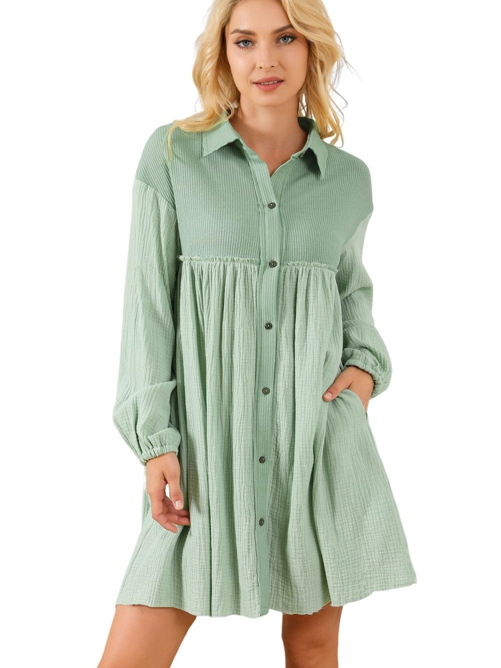 Green Patchwork Crinkle Puff Sleeve Shirt Dress with Eye-catching Design