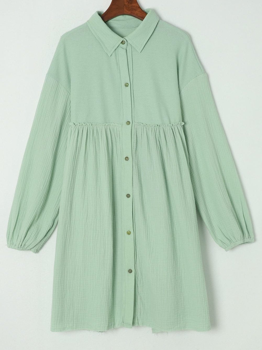 Green Patchwork Crinkle Puff Sleeve Shirt Dress with Eye-catching Design