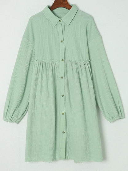 Green Patchwork Crinkle Puff Sleeve Shirt Dress with Eye-catching Design