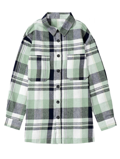 Green Plaid Button-Up Shirt with Chest Pockets