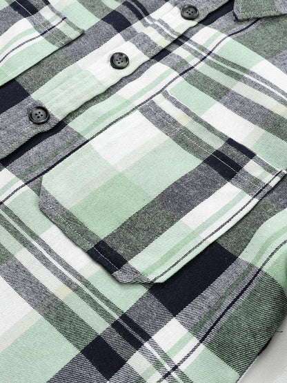 Green Plaid Button-Up Shirt with Chest Pockets