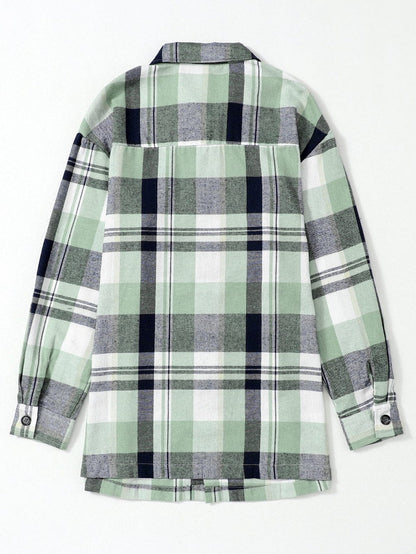Green Plaid Button-Up Shirt with Chest Pockets