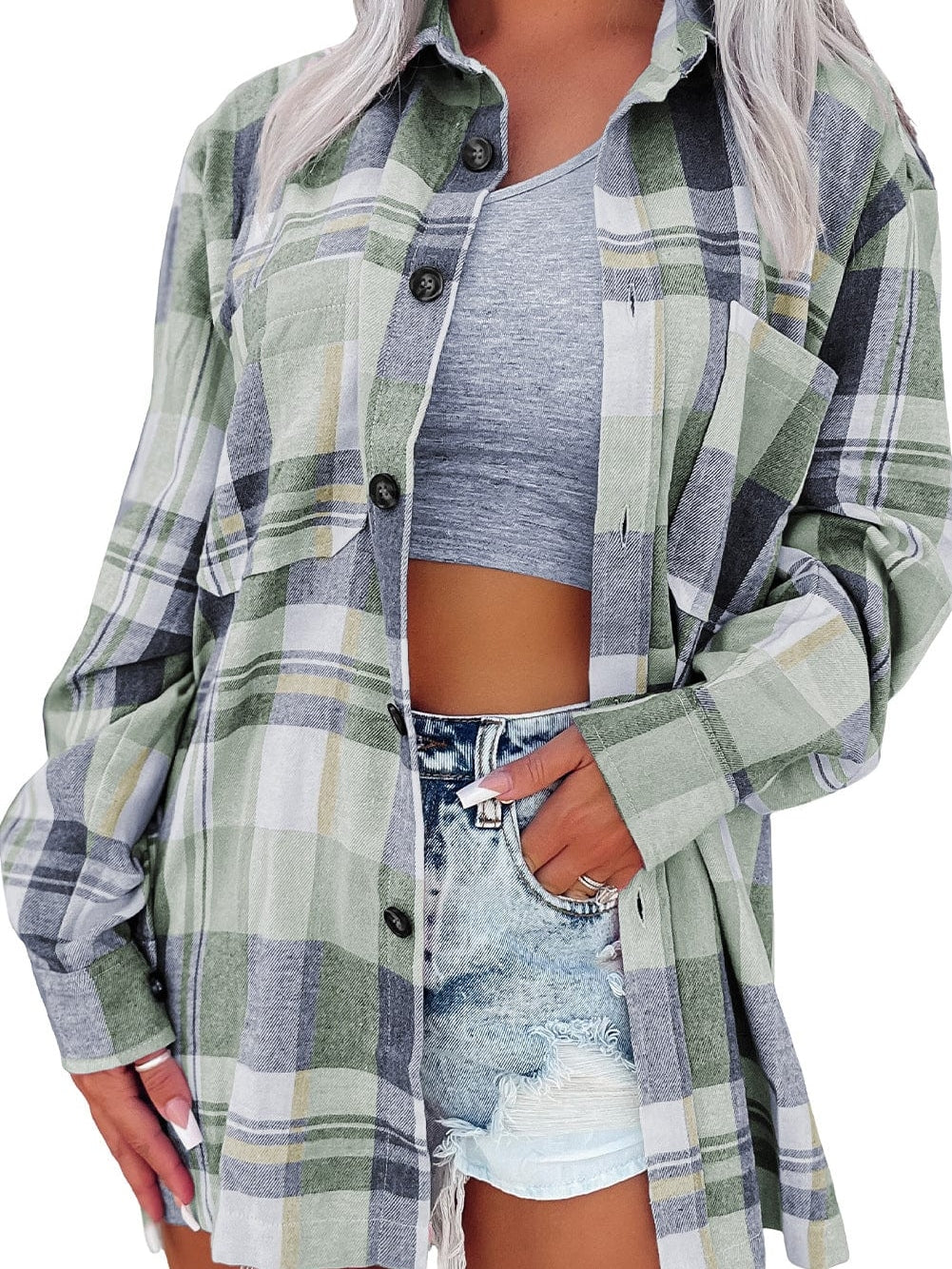 Green Plaid Button-Up Shirt with Chest Pockets