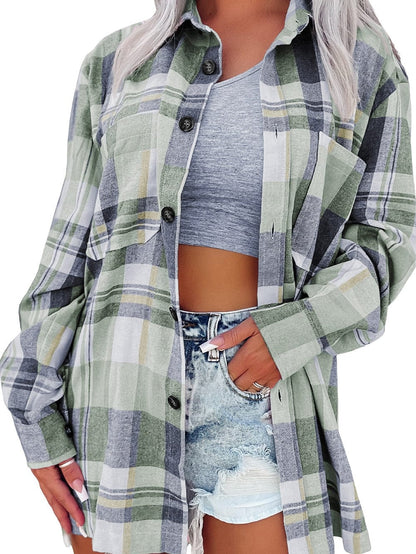 Green Plaid Button-Up Shirt with Chest Pockets