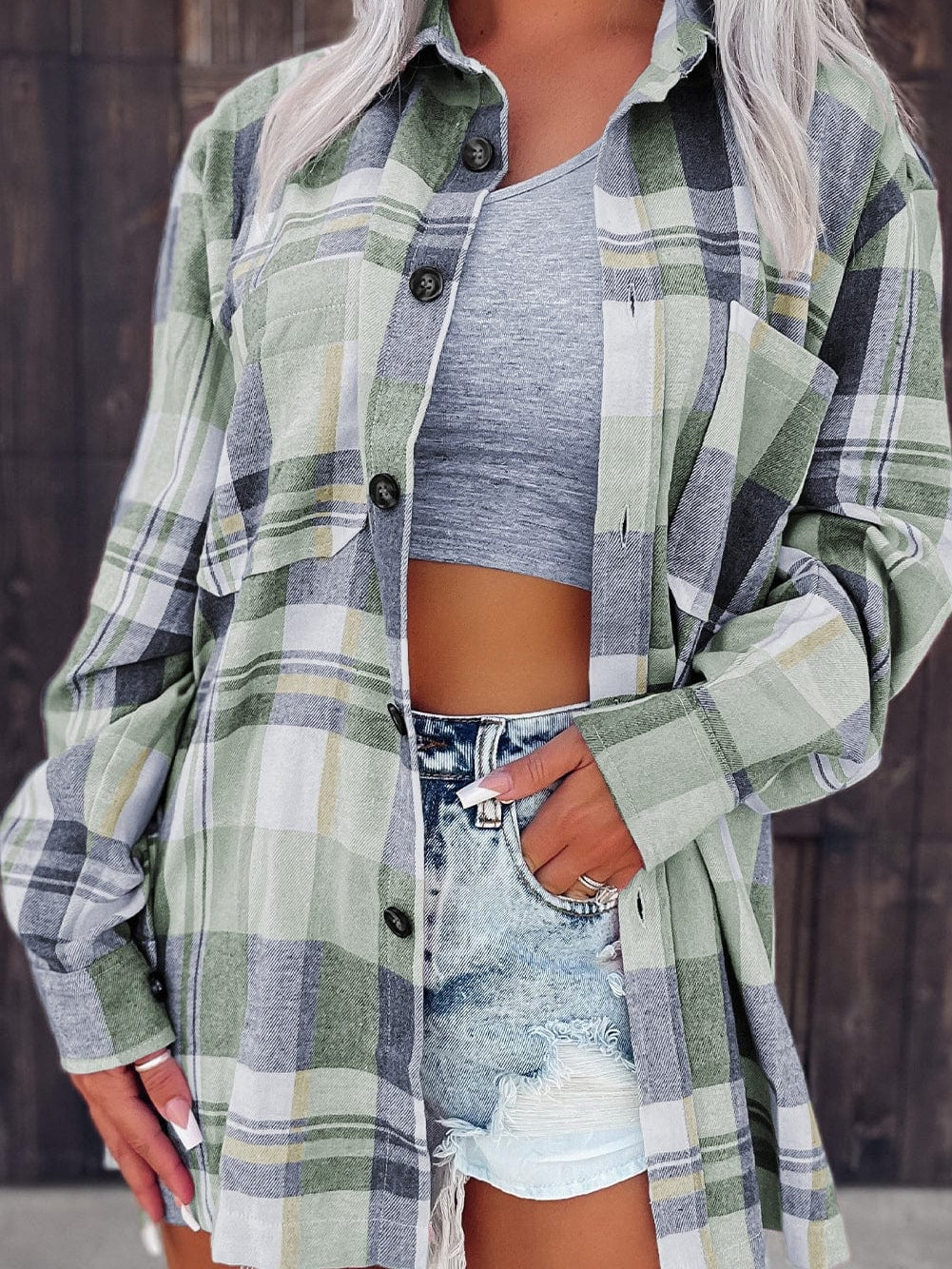 Green Plaid Button-Up Shirt with Chest Pockets