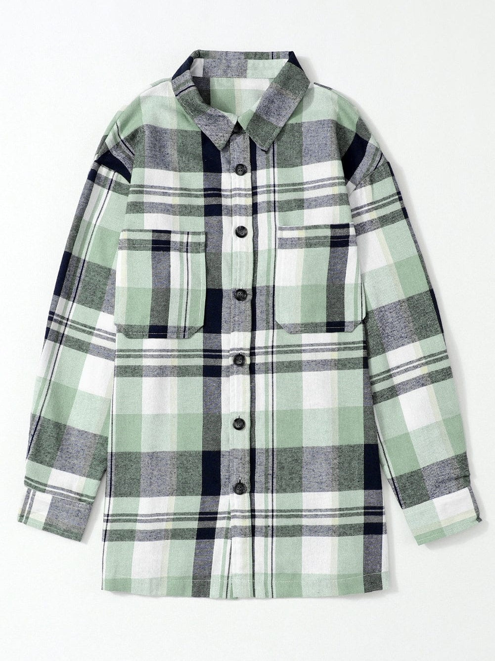 Green Plaid Button-Up Shirt with Chest Pockets