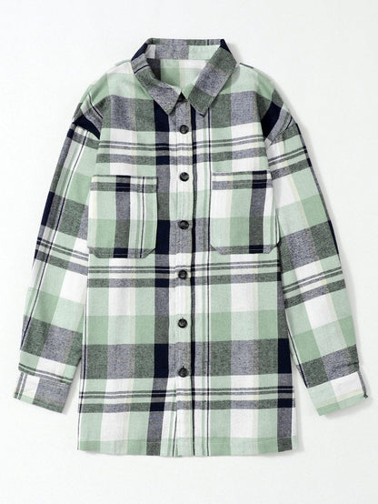 Green Plaid Button-Up Shirt with Chest Pockets