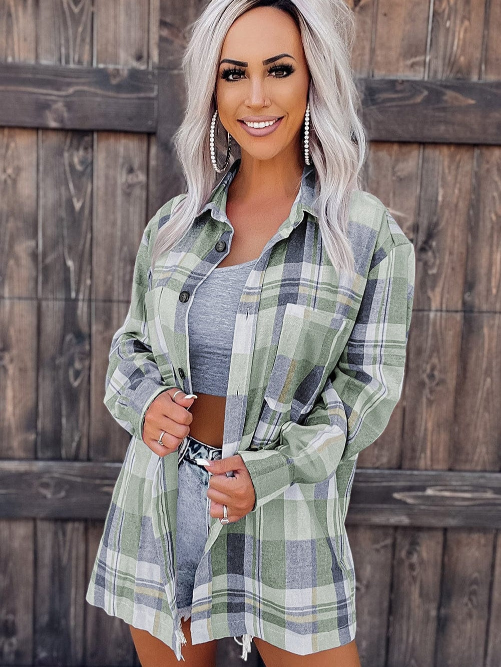Green Plaid Button-Up Shirt with Chest Pockets