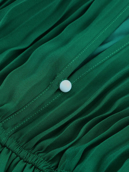 Green Pleated Halter Neck Wide Leg Jumpsuit with Stylish Belt