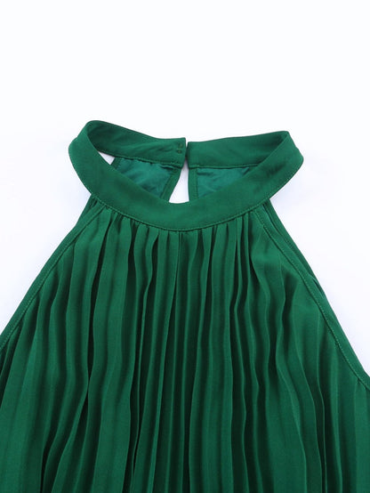 Green Pleated Halter Neck Wide Leg Jumpsuit with Stylish Belt