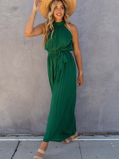 Green Pleated Halter Neck Wide Leg Jumpsuit with Stylish Belt