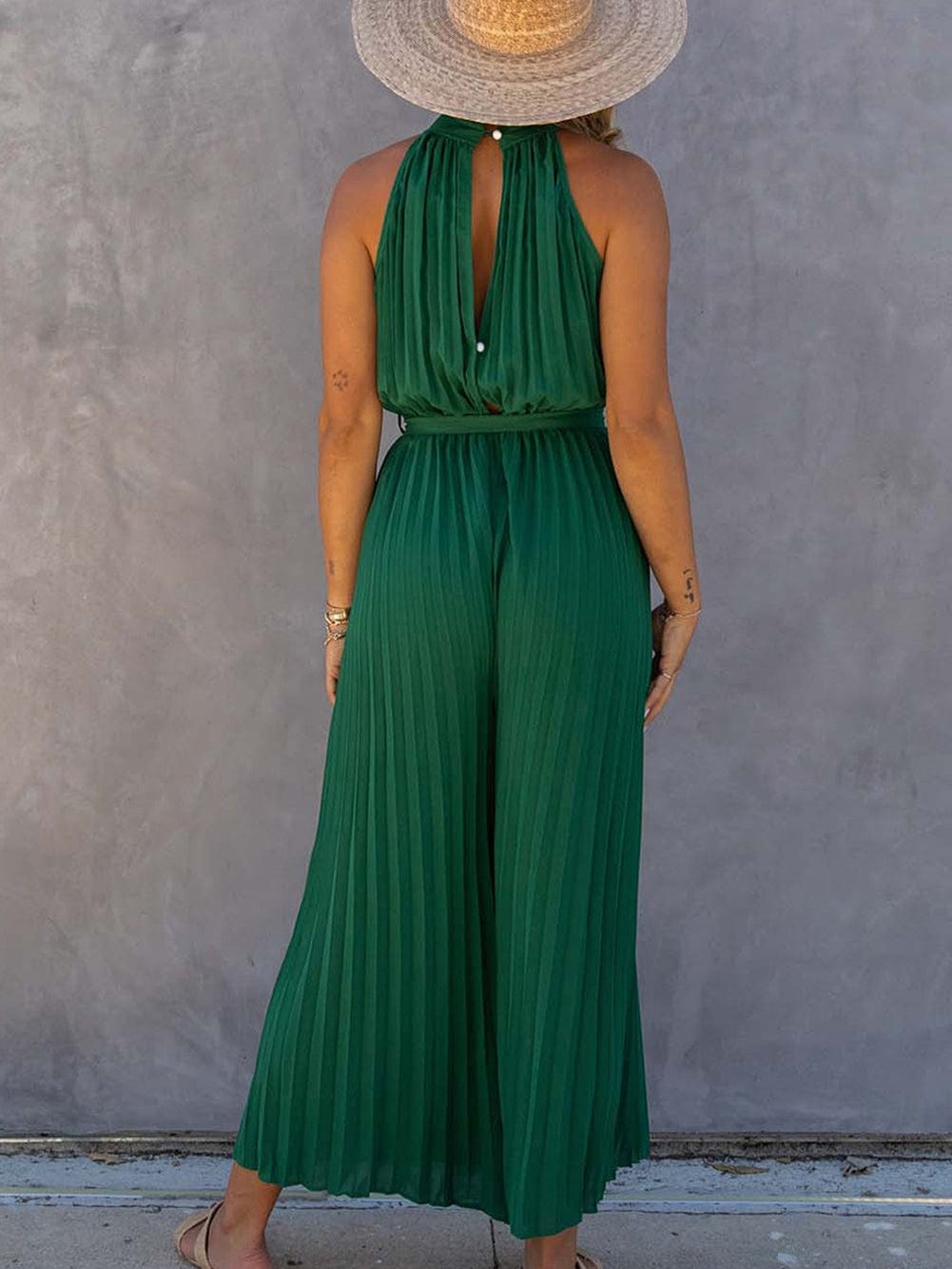 Green Pleated Halter Neck Wide Leg Jumpsuit with Stylish Belt