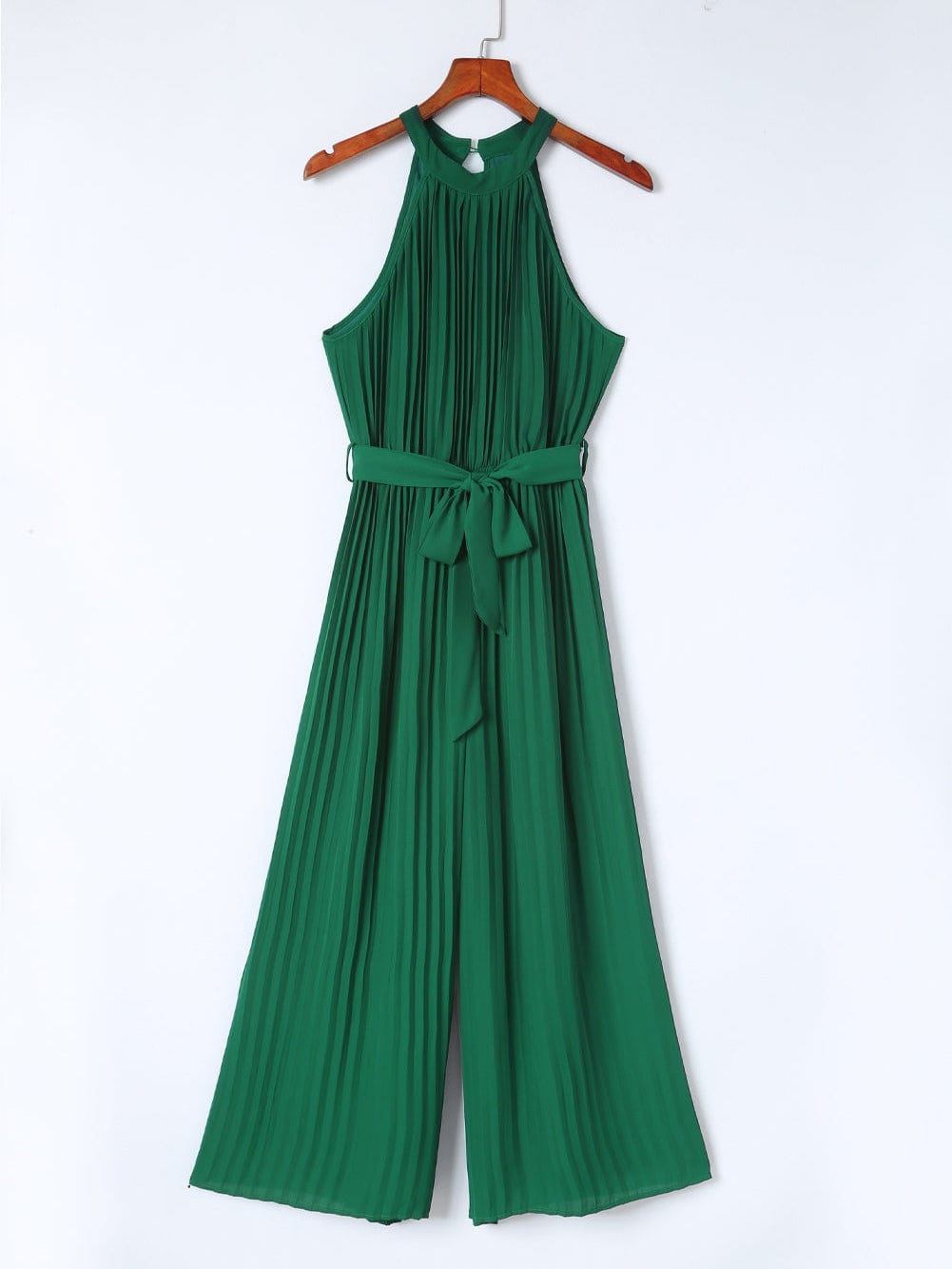 Green Pleated Halter Neck Wide Leg Jumpsuit with Stylish Belt