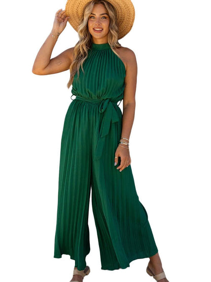 Green Pleated Halter Neck Wide Leg Jumpsuit with Stylish Belt