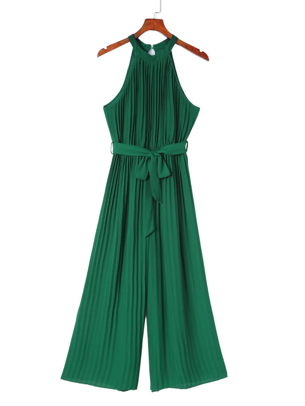Green Pleated Halter Neck Wide Leg Jumpsuit with Stylish Belt