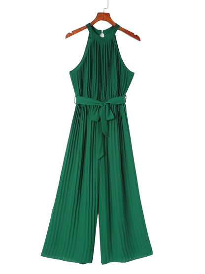 Green Pleated Halter Neck Wide Leg Jumpsuit with Stylish Belt
