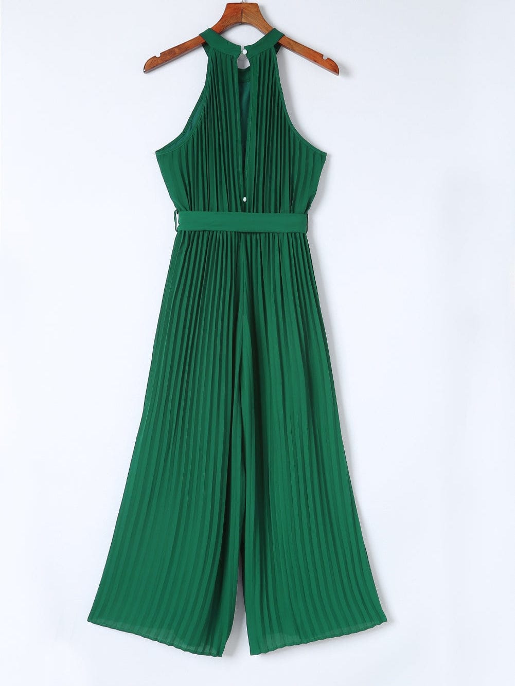 Green Pleated Halter Neck Wide Leg Jumpsuit with Stylish Belt