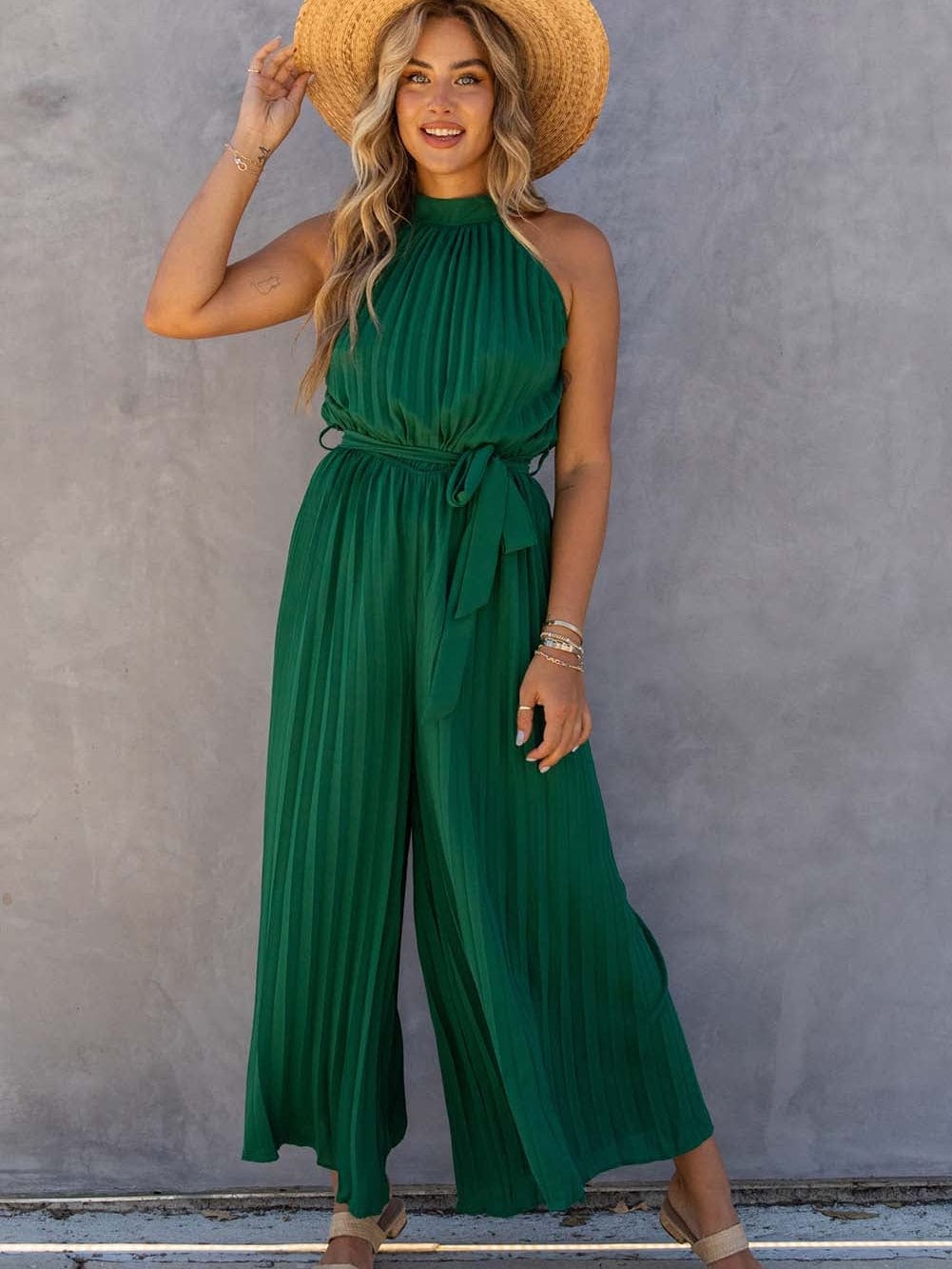 Green Pleated Halter Neck Wide Leg Jumpsuit with Stylish Belt