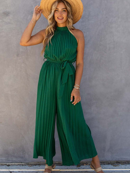 Green Pleated Halter Neck Wide Leg Jumpsuit with Stylish Belt