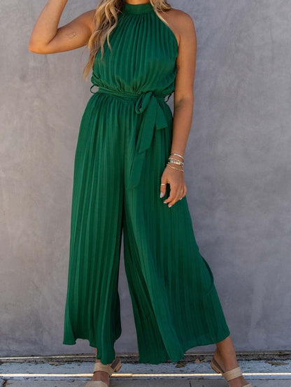 Green Pleated Halter Neck Wide Leg Jumpsuit with Stylish Belt