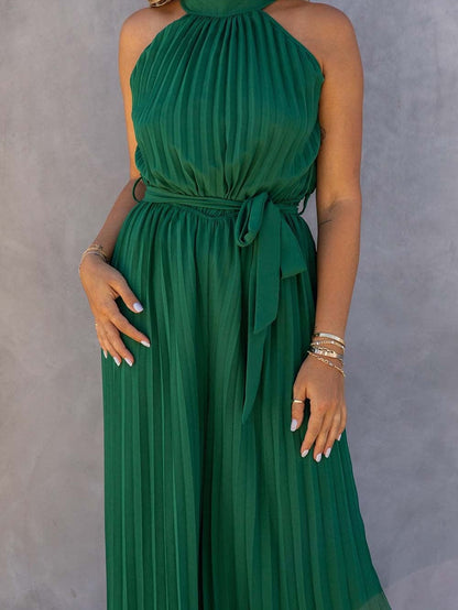 Green Pleated Halter Neck Wide Leg Jumpsuit with Stylish Belt