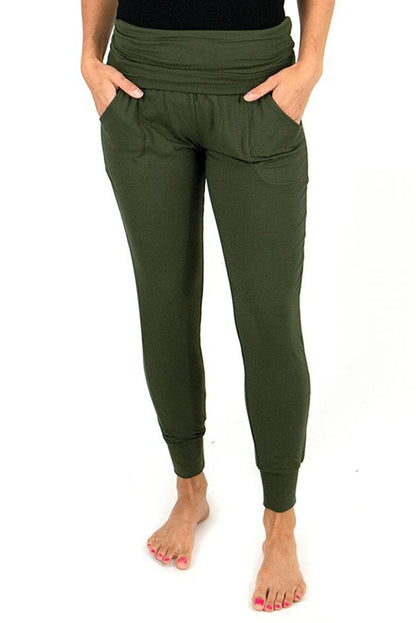 Green Pleated High Waist Leggings with Pockets