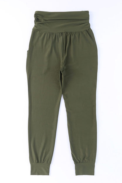 Green Pleated High Waist Leggings with Pockets