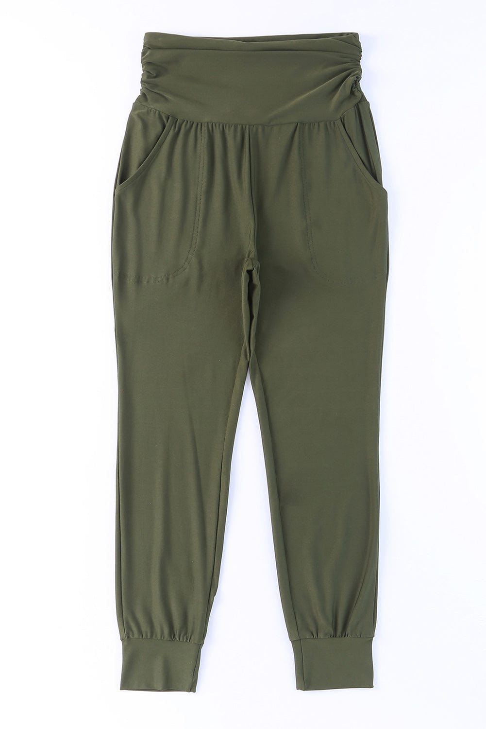 Green Pleated High Waist Leggings with Pockets