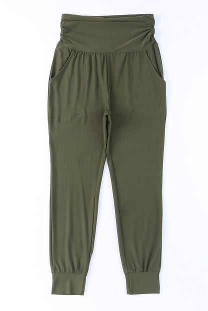 Green Pleated High Waist Leggings with Pockets