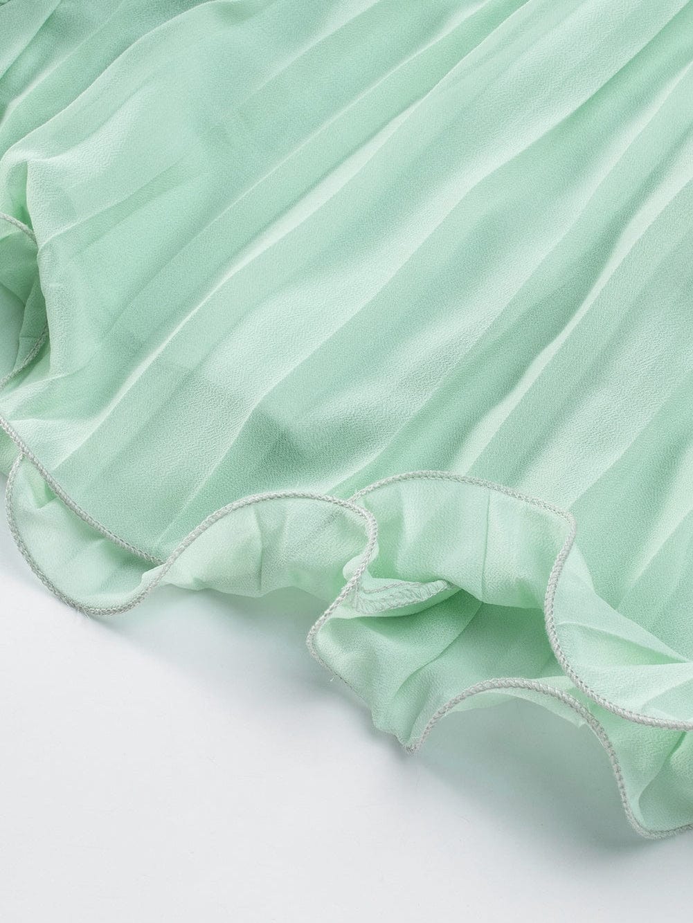 Green Pleated V-Neck Romper with Tie Waist and Ruffled Details