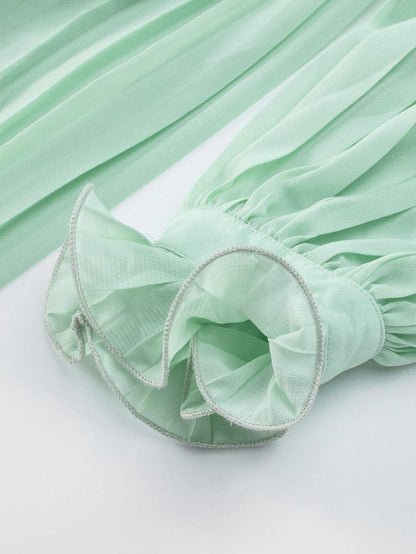 Green Pleated V-Neck Romper with Tie Waist and Ruffled Details