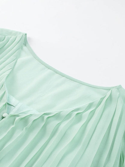 Green Pleated V-Neck Romper with Tie Waist and Ruffled Details