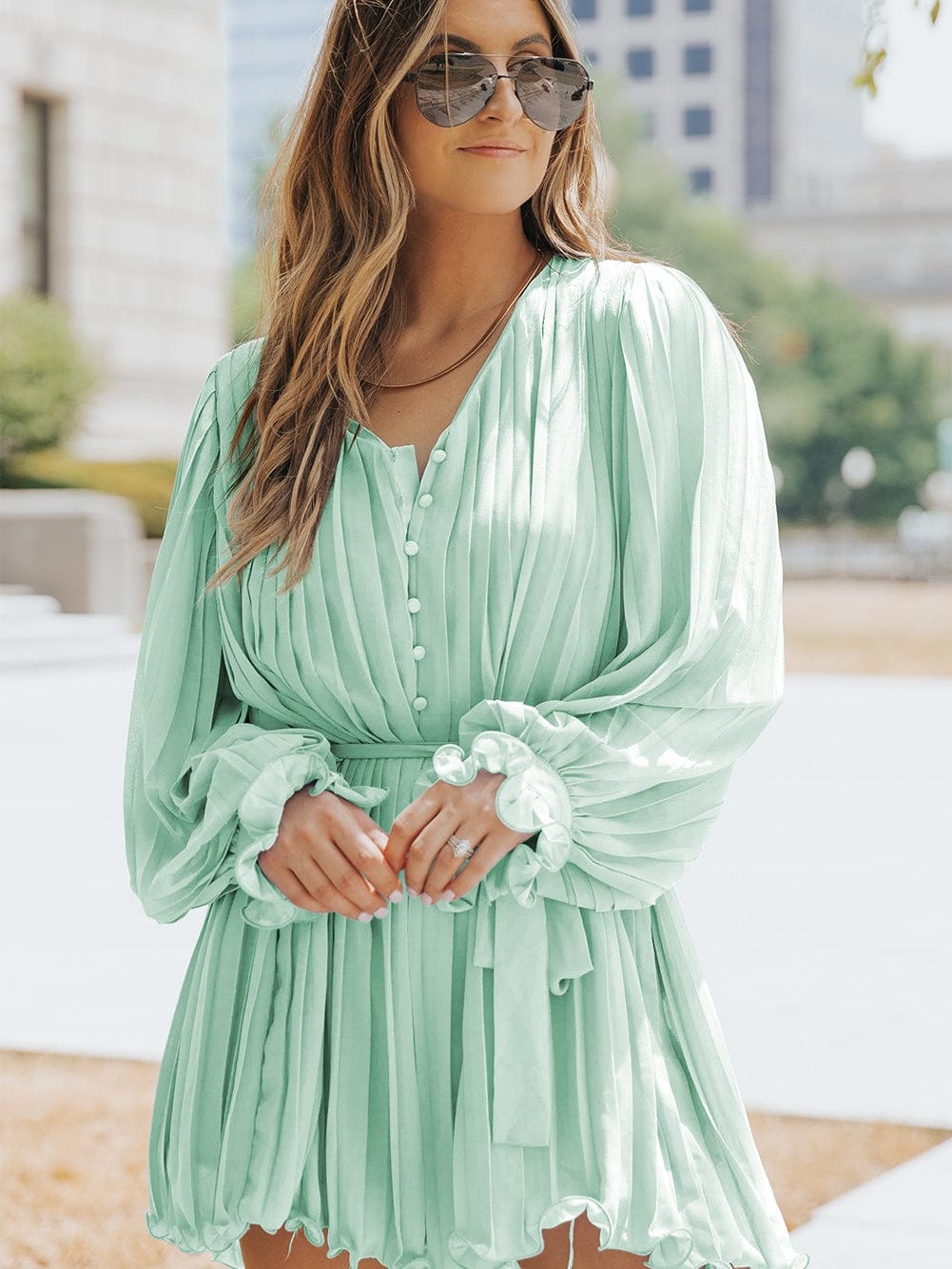 Green Pleated V-Neck Romper with Tie Waist and Ruffled Details