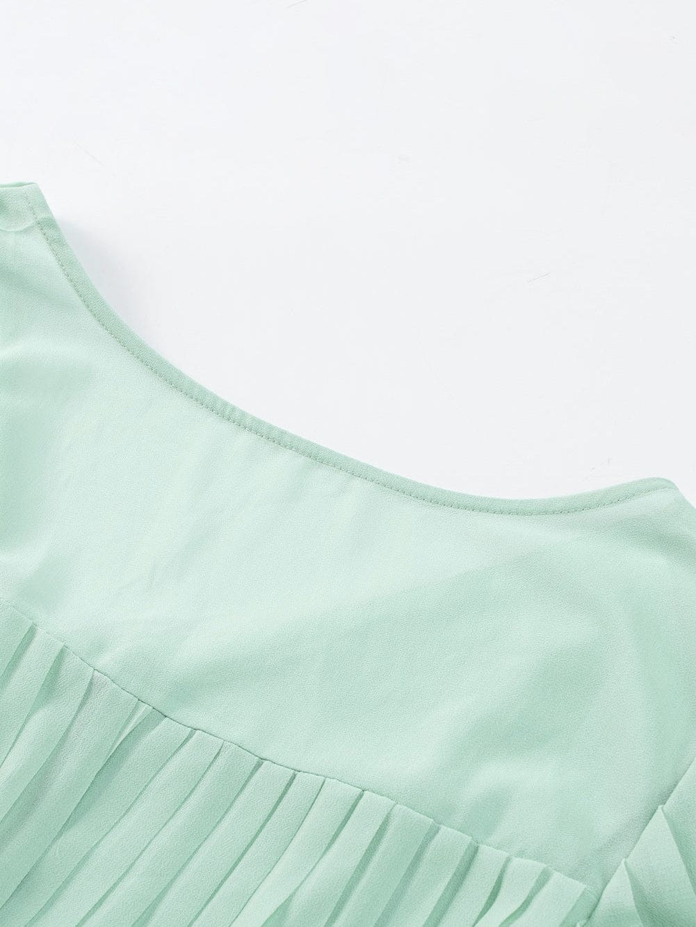 Green Pleated V-Neck Romper with Tie Waist and Ruffled Details