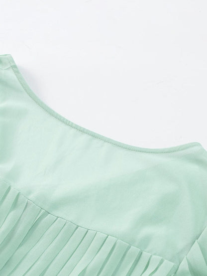 Green Pleated V-Neck Romper with Tie Waist and Ruffled Details