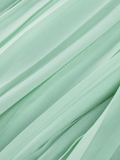 Green Pleated V-Neck Romper with Tie Waist and Ruffled Details