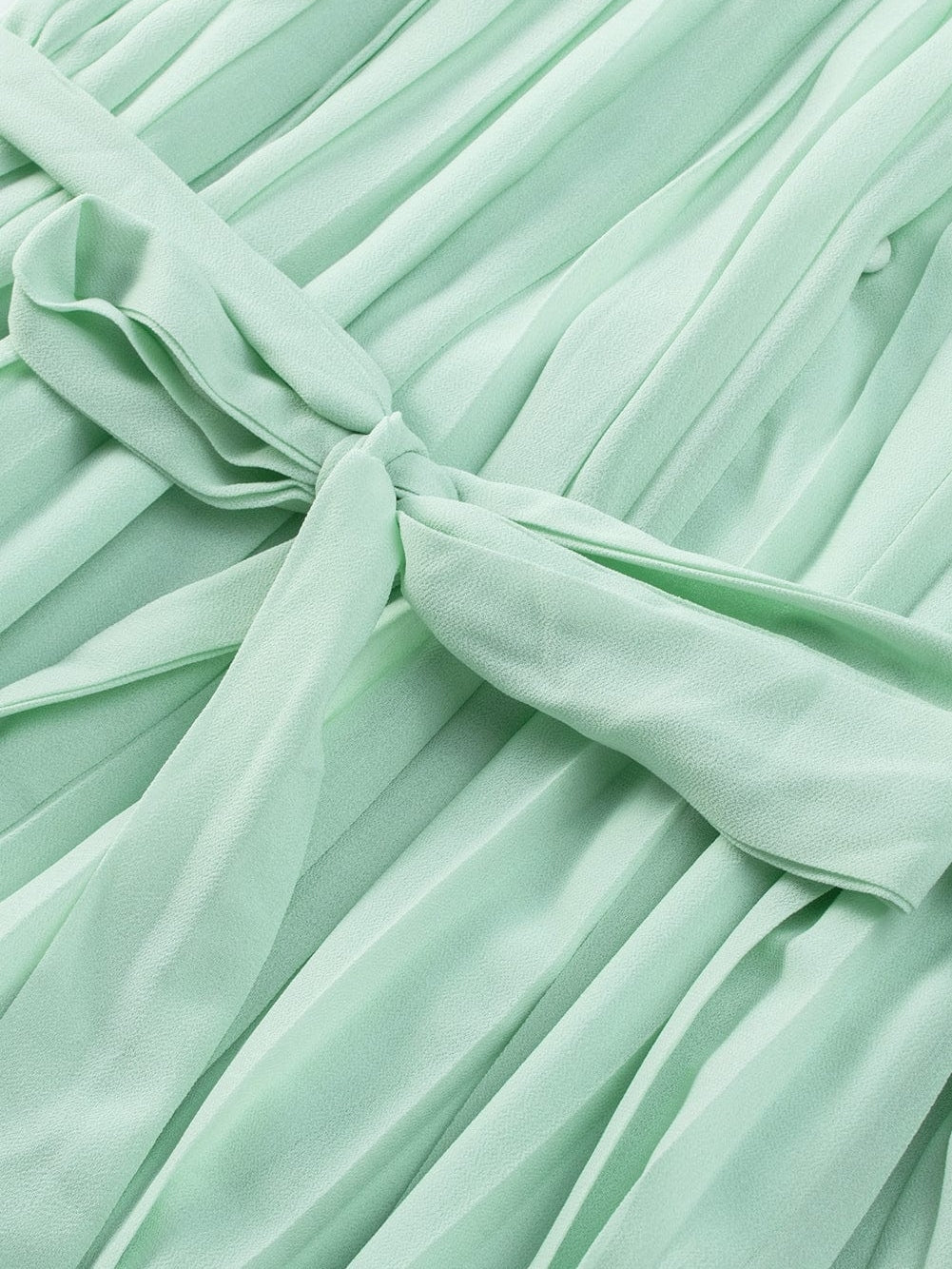 Green Pleated V-Neck Romper with Tie Waist and Ruffled Details