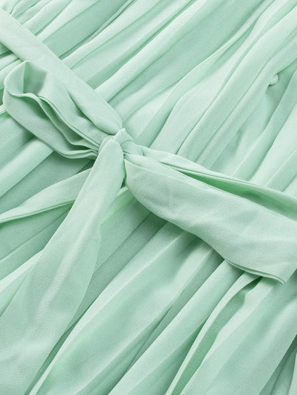 Green Pleated V-Neck Romper with Tie Waist and Ruffled Details