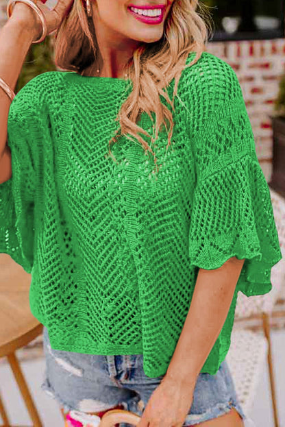 Green Pointelle Knit Top with Scalloped Edge and Short Sleeves