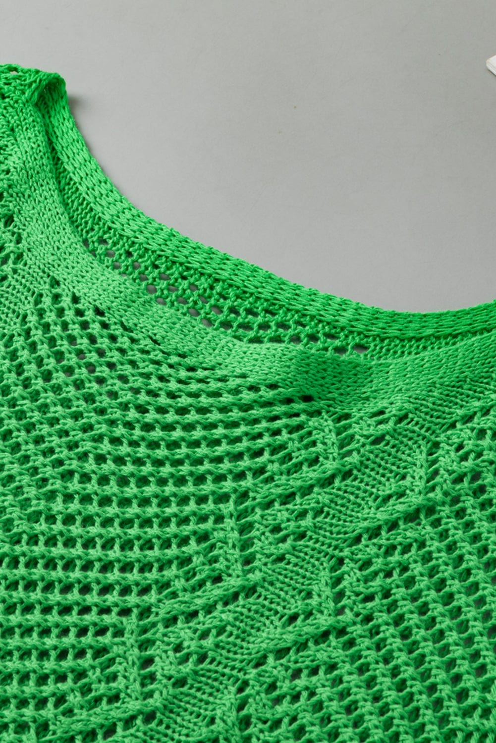 Green Pointelle Knit Top with Scalloped Edge and Short Sleeves