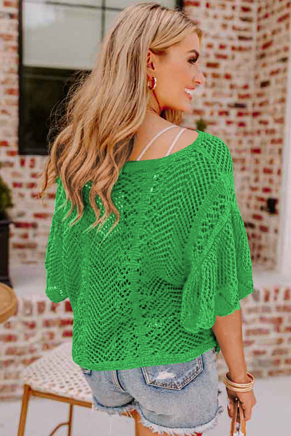 Green Pointelle Knit Top with Scalloped Edge and Short Sleeves
