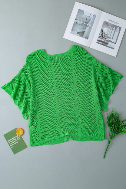 Green Pointelle Knit Top with Scalloped Edge and Short Sleeves