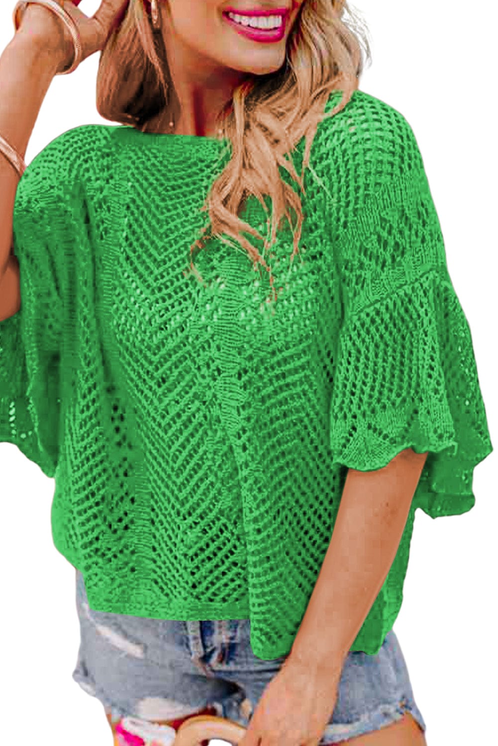 Green Pointelle Knit Top with Scalloped Edge and Short Sleeves