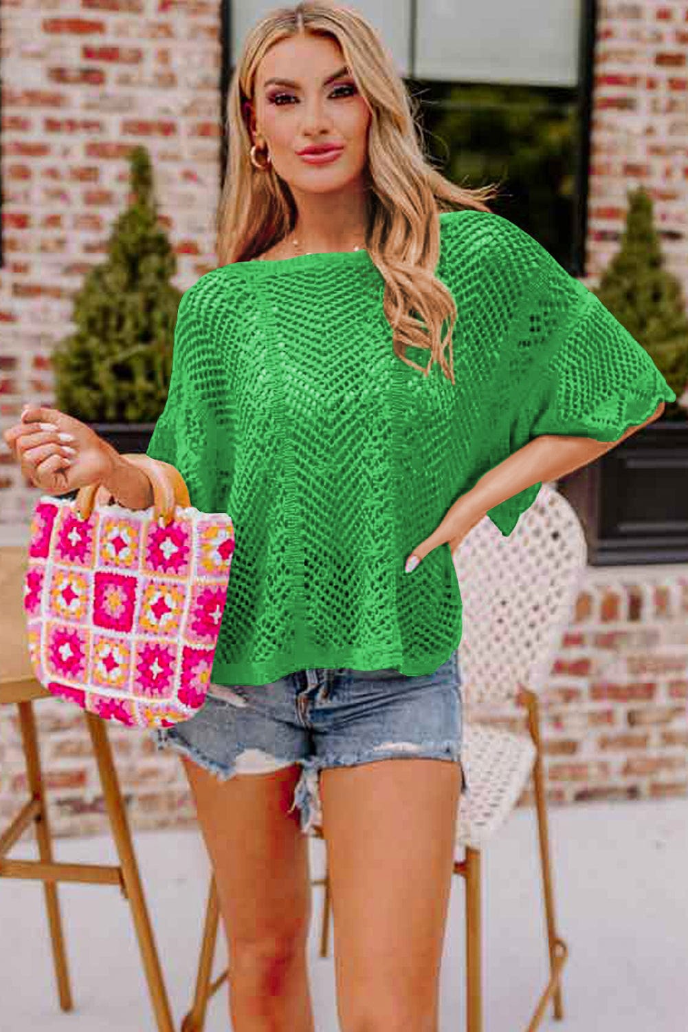 Green Pointelle Knit Top with Scalloped Edge and Short Sleeves